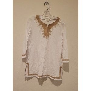 COLDWATER CREEK WOMENS White W/Gold Embroider Trim 3/4 Sleeve Top Size Large/14